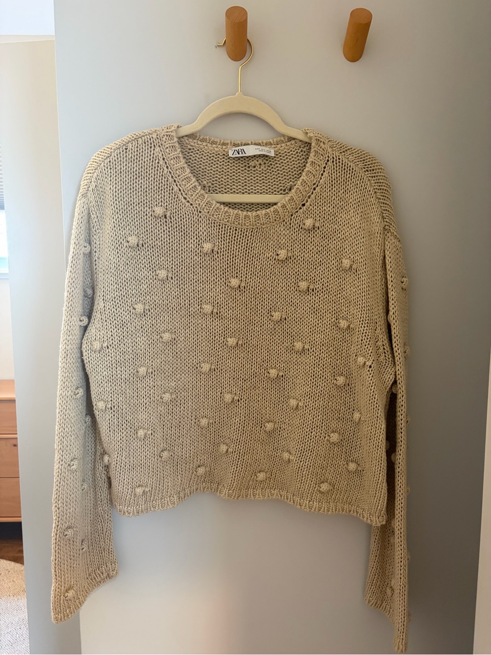 ZARA Cream Textured Pom-Pom Crewneck Sweater